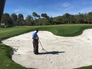 Miguel measuring bunker depths and adding sand to green side bunkers